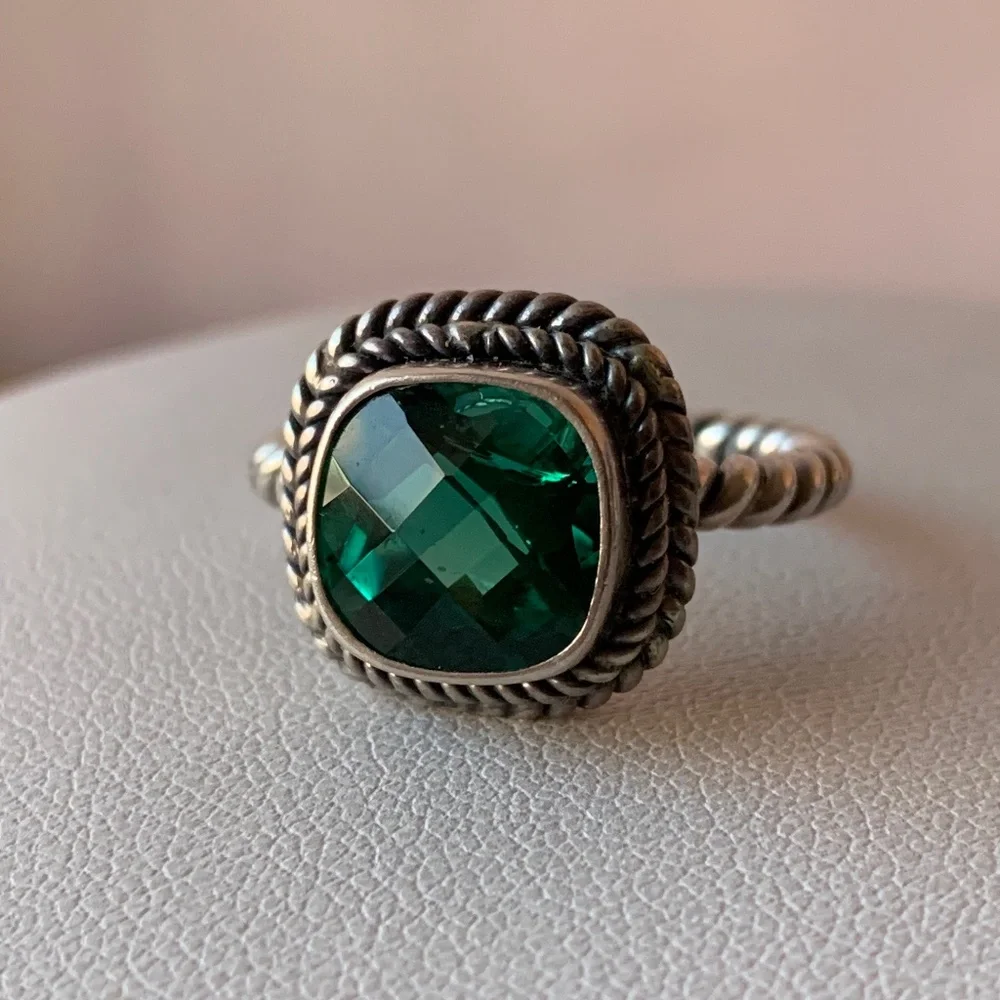 VINTAGE GREEN QUARTZ 925 STERLING SILVER TWISTED CABLE RING